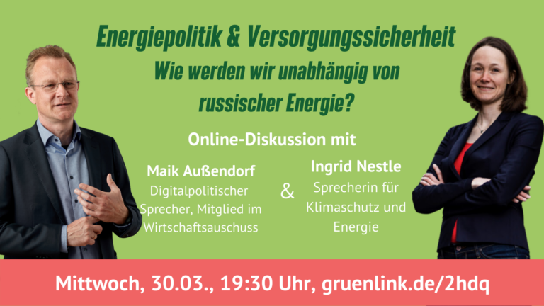 Diskussion zur Energiesicherheit mit Ingrid Nestle am 30.3. um 19:30 Uhr